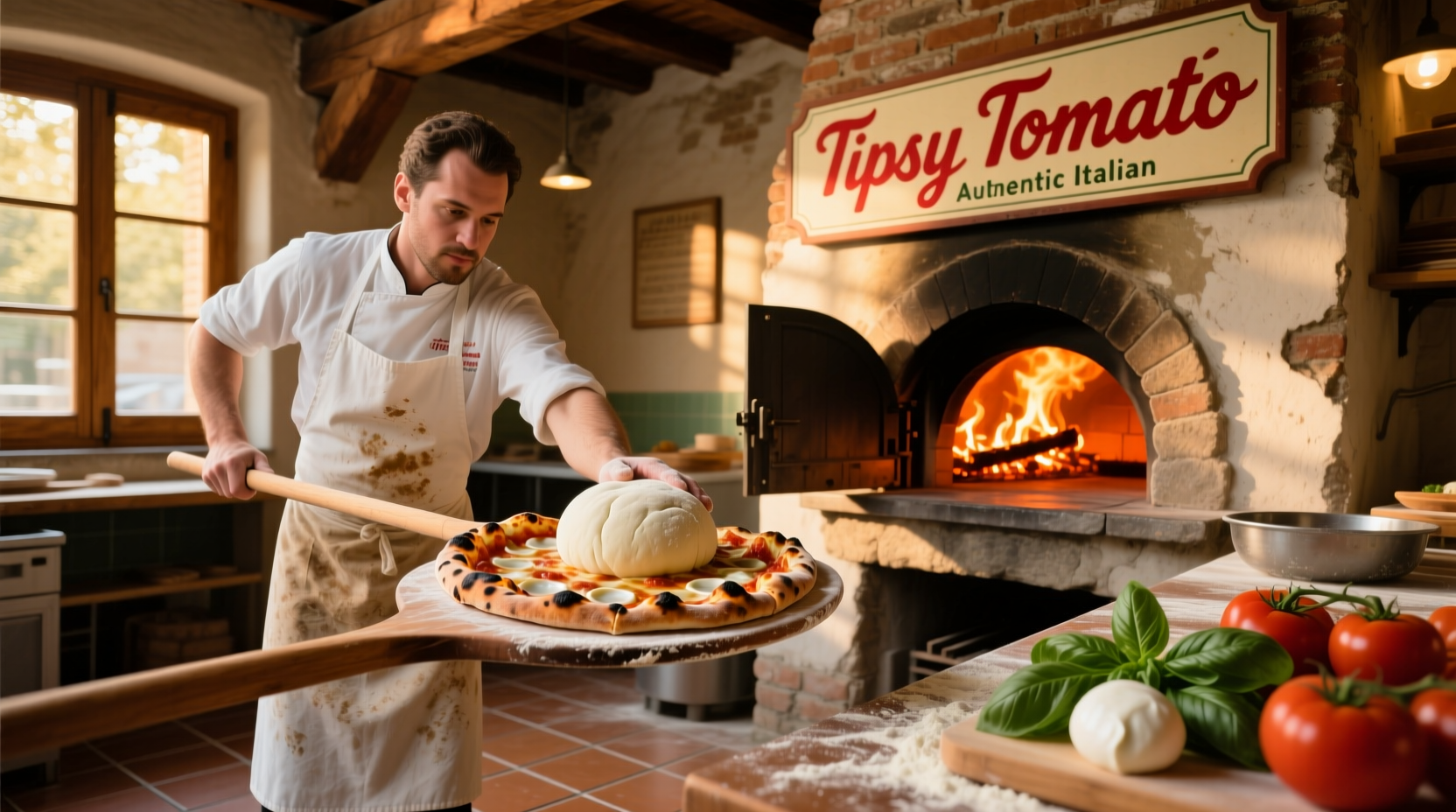 Wood-fired pizza being prepared at Tipsy Tomato