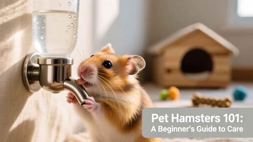 Close-up of a hamster drinking from a clean, mounted water bottle with a stainless steel spout
