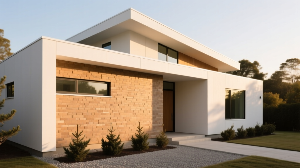 Modern home exterior featuring warm earth-toned thin stone veneer cladding applied to a framed wall with crisp white architectural trim