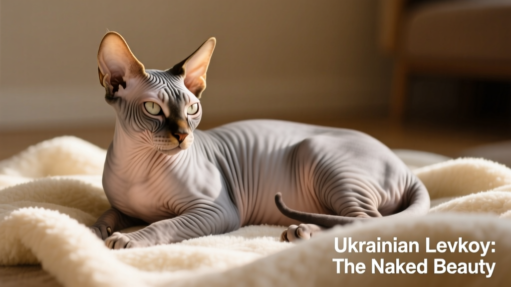 A Ukrainian Levkoy cat resting on a soft blanket, highlighting its folded ears, wrinkled gray skin, and slender, muscular build
