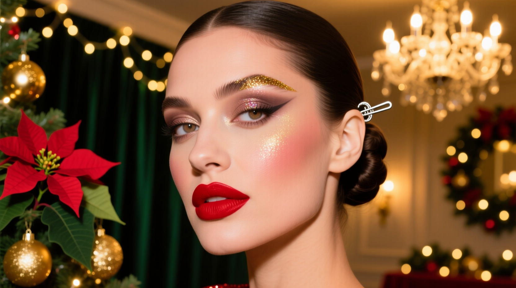 how to style a red lip with christmas party makeup without clashing with lights