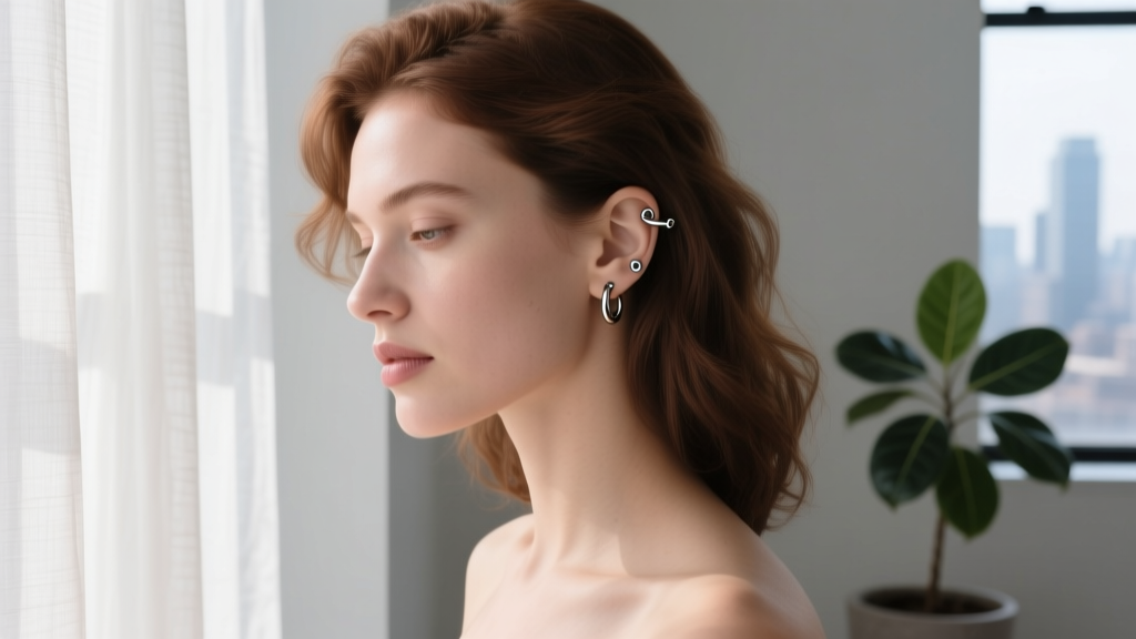 Woman wearing seamless 16-gauge surgical steel clicker hoops in upper cartilage piercings, bathed in soft natural window light.