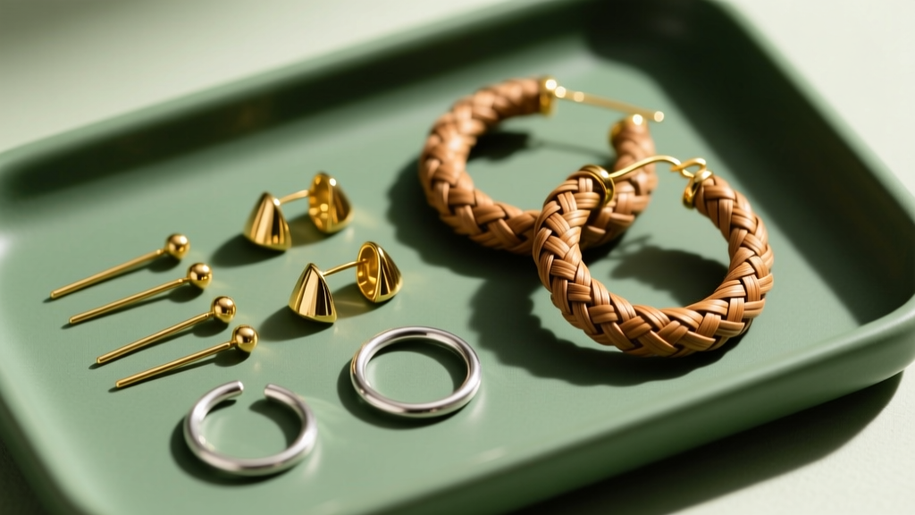 Overhead view of 20-gauge gold-filled ear wires and jump rings next to lauhala hoop earrings on a green jeweler's bench mat.