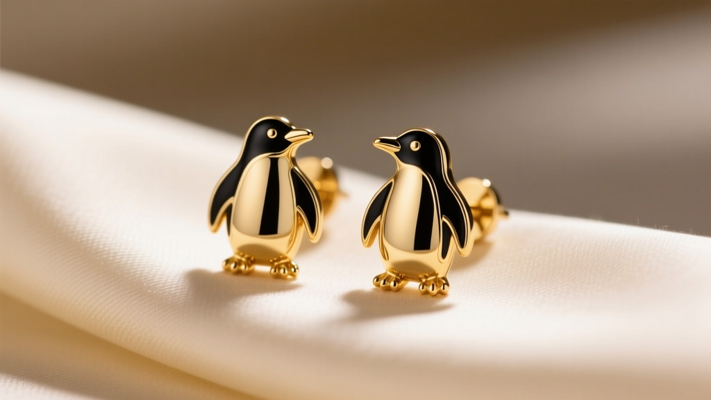 Macro shot of 18k gold penguin stud earrings with black vitreous enamel, resting on cream silk fabric under warm studio lighting