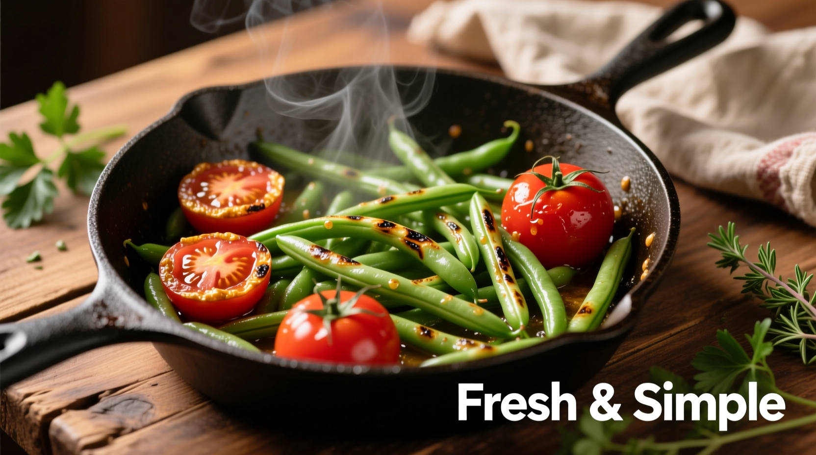 Fresh green beans and tomatoes in a skillet