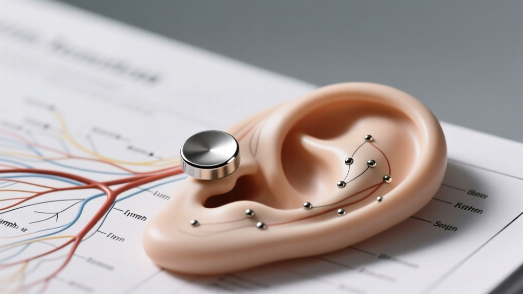 Titanium magnetic stud resting on an anatomical ear chart highlighting auricular lymphatic points in soft studio lighting.