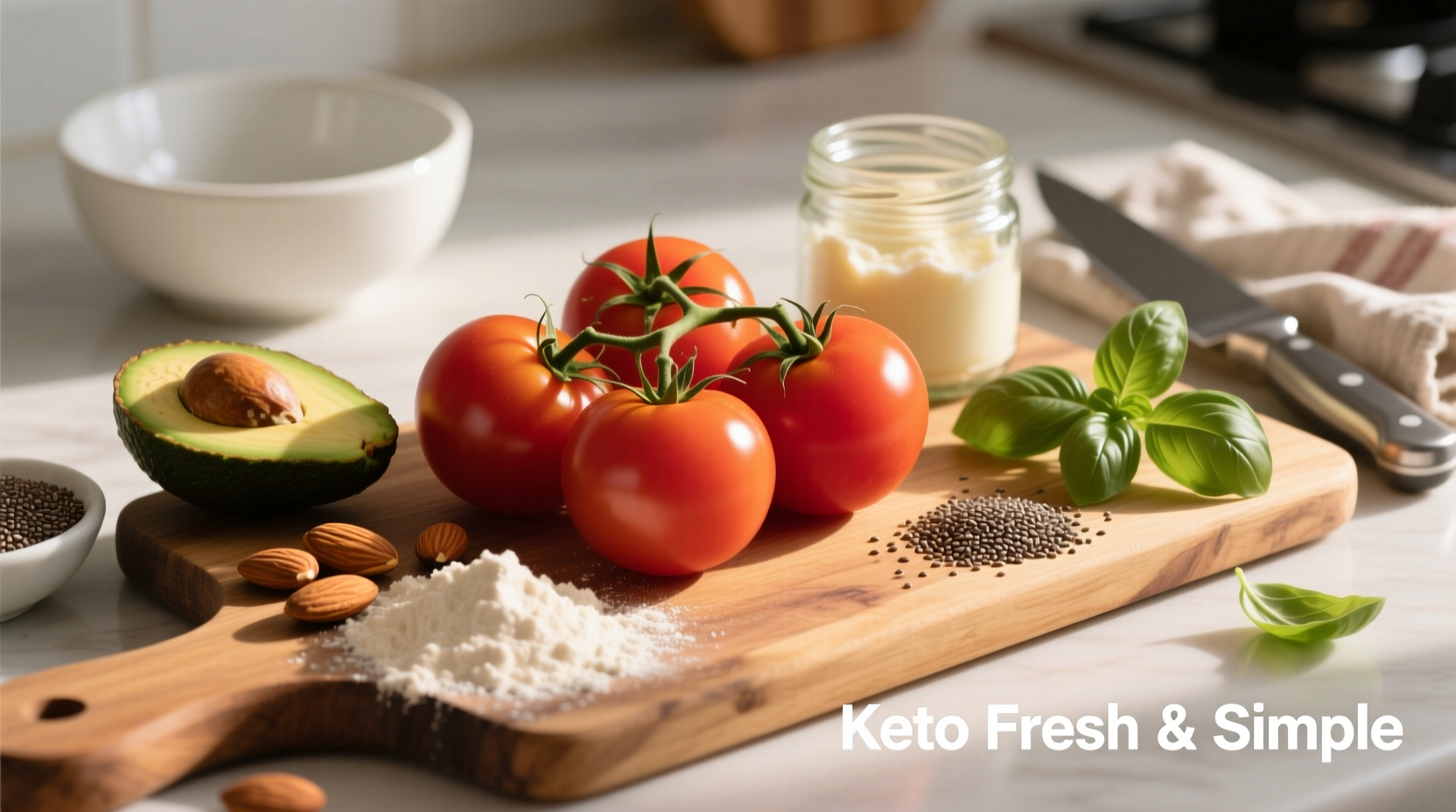 Fresh tomatoes on wooden cutting board with keto ingredients