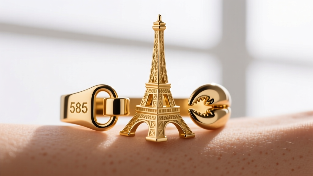 Macro shot of 14k gold Eiffel tower clasp showing 585 hallmark stamp and a secure lobster claw mechanism against smooth bare skin