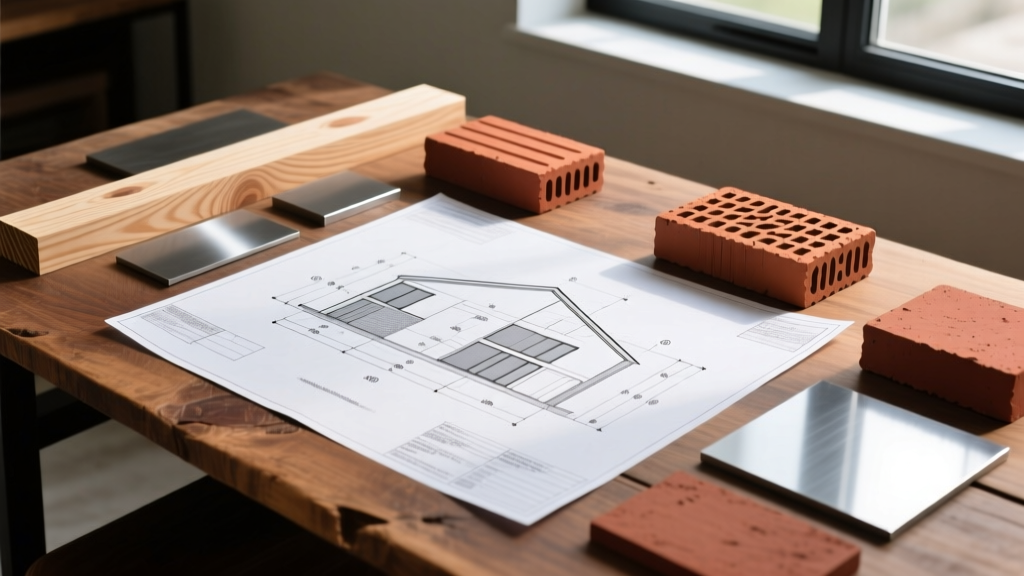 Blueprints on a wooden desk overlaid with physical material samples including dimensional lumber, clay bricks, and steel