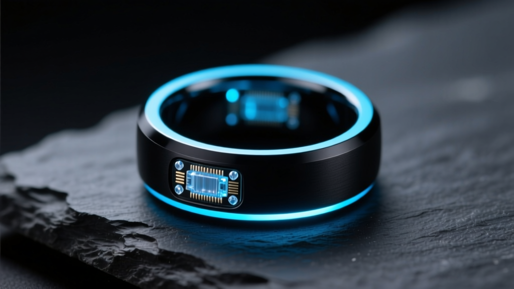 Macro shot of a matte black smart ring on dark slate, illuminated by soft neon blue rim light, showcasing tiny inner resin sensors.