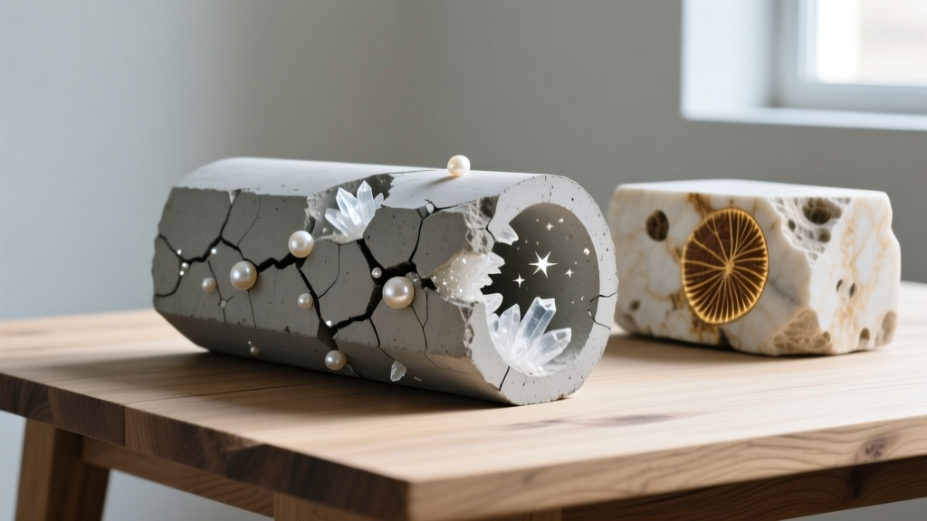 Modern self-healing concrete core sample with white lime clasts resting on a wooden table beside ancient Roman travertine blocks