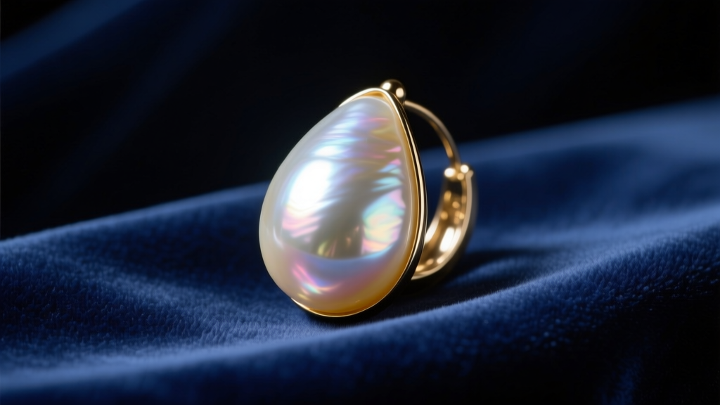 Large luminous teardrop pearl earring on dark blue velvet, lit by soft directional window light mimicking 17th-century Dutch art.