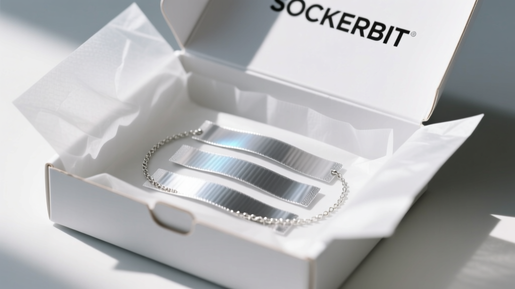 Anti-tarnish strips inside a white polypropylene SOCKERBIT box, lined with acid-free tissue paper to protect delicate silver chain