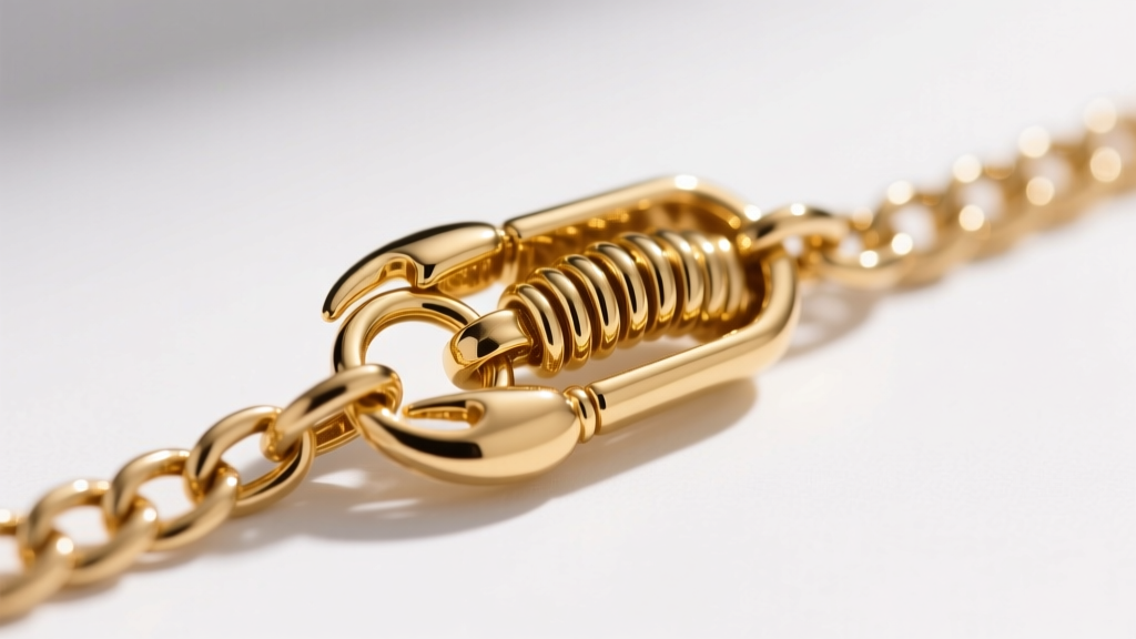 Macro shot of a 14k gold lobster clasp on an 18-inch box chain, highlighting the spring mechanism and jump ring detail