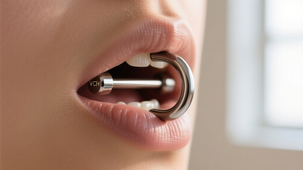 Macro diagram of an 8mm curved titanium barbell placed in a VCH piercing, set against a soft, clean, and neutral studio background.