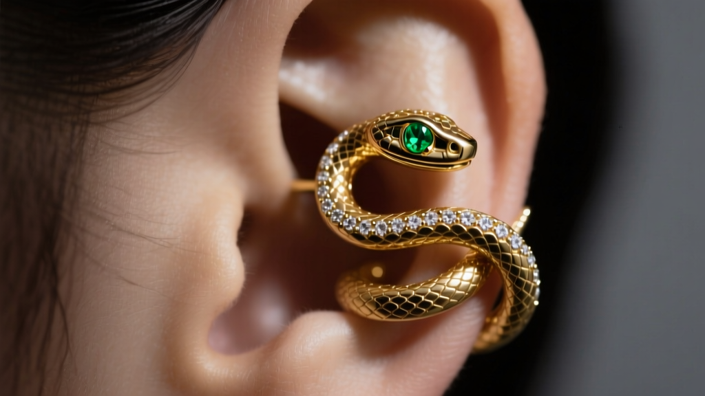 Macro shot of an 18k gold snake earring wrapping around an ear helix, featuring emerald eyes and diamond scales in moody lighting.
