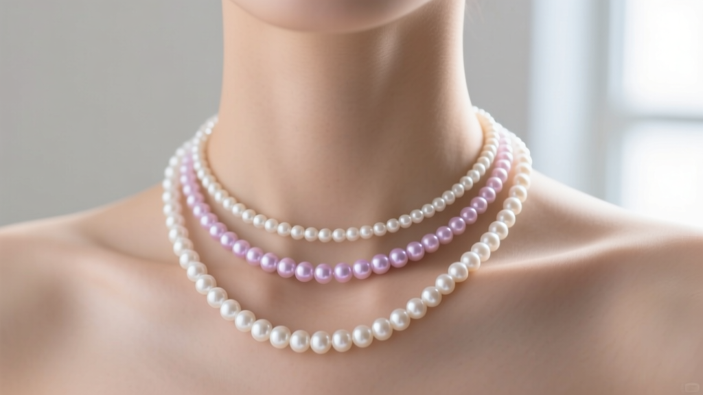 Close-up of a neck wearing three layered freshwater pearl necklaces of varying lengths, soft natural lighting, elegant mood.