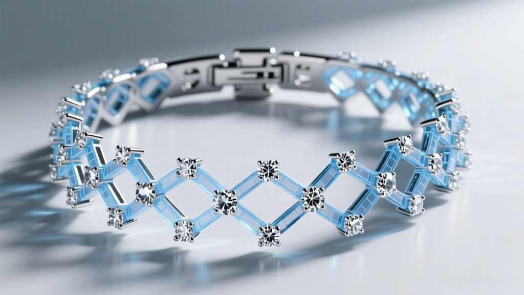 CAD wireframe rendering of a complex custom diamond collar necklace showing precise prong placements and hidden clasp mechanisms