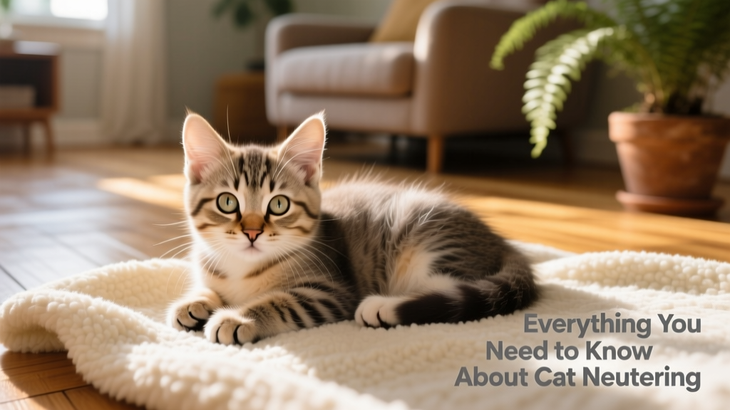 A calm, healthy male kitten resting comfortably on a soft blanket, illustrating pre-neuter wellness