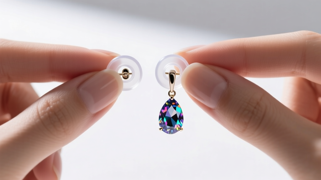 Fingers holding a pair of clear silicone earring support discs and a heavy gemstone drop earring with a standard push back clasp
