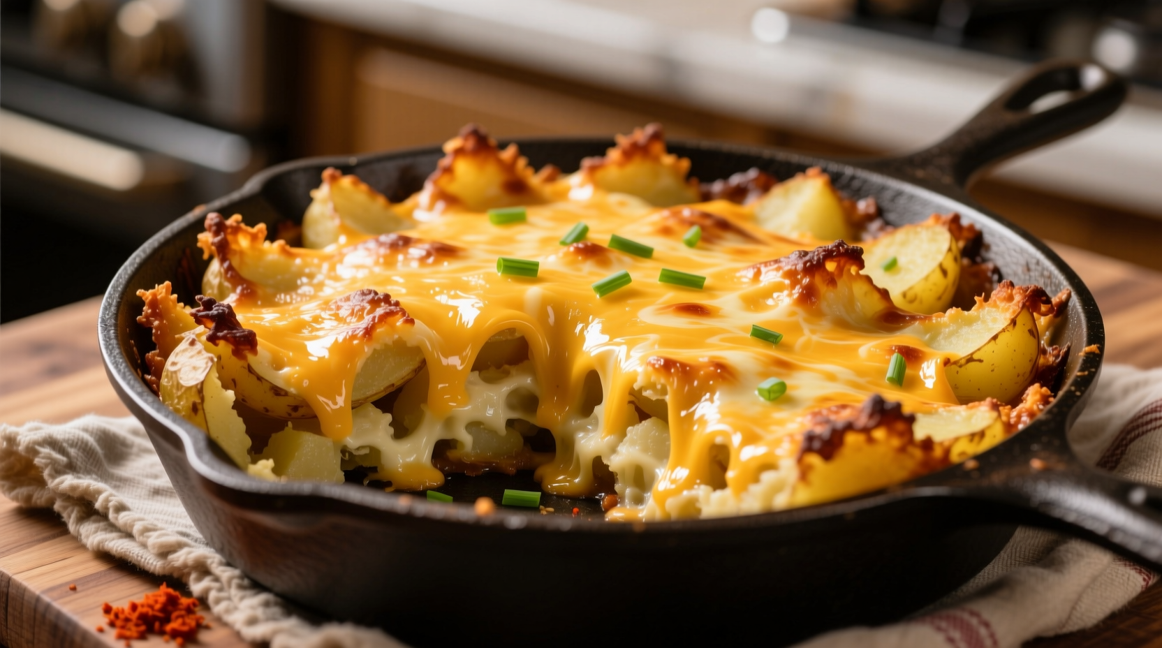 Golden cheesy potato hash casserole with crispy edges