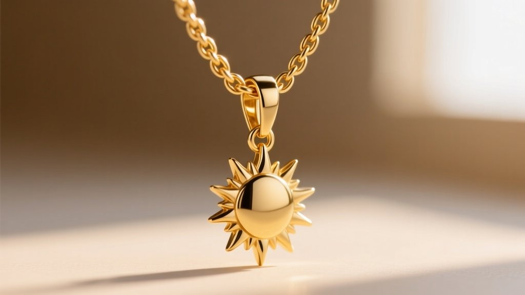Close-up of a 1.5mm solid 14k gold wheat chain threading through a sun pendant bail, highlighting a secure lobster clasp mechanism.