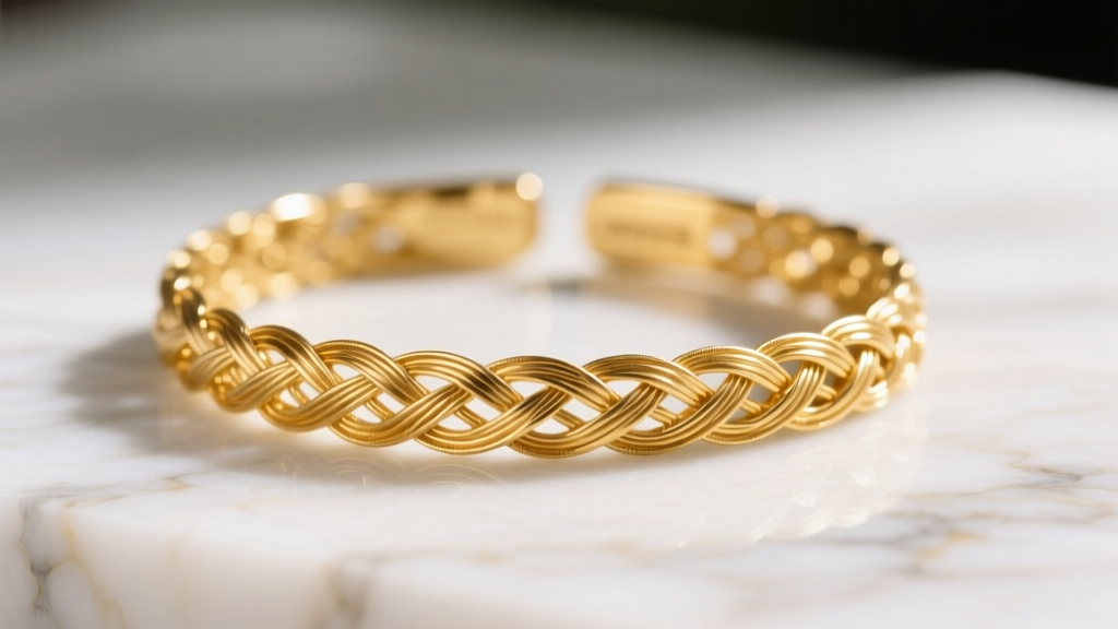 Woven 23-karat Sukhothai gold bracelet displaying intricate braided wire patterns on a softly blurred white marble surface.