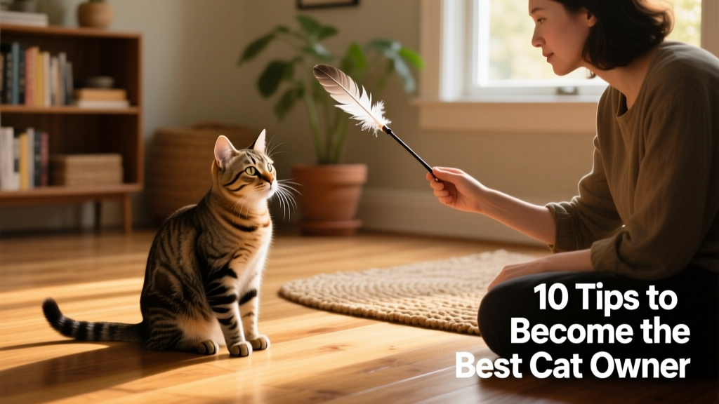 A calm cat sitting beside its owner on the floor, watching intently as the person plays with a feather wand