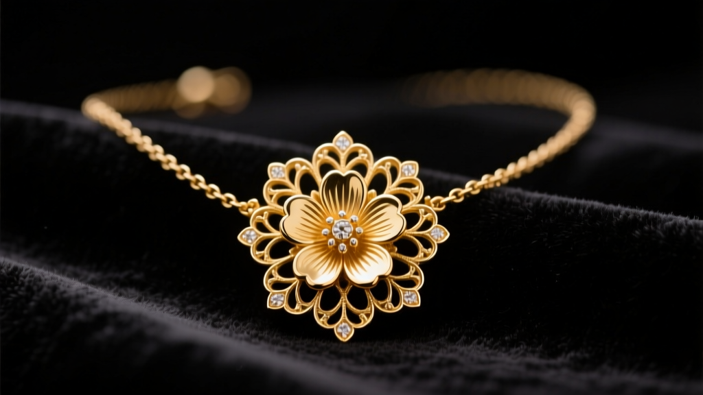 Macro shot of a vintage 1970s gold-tone floral pendant necklace resting on dark velvet under soft studio lighting