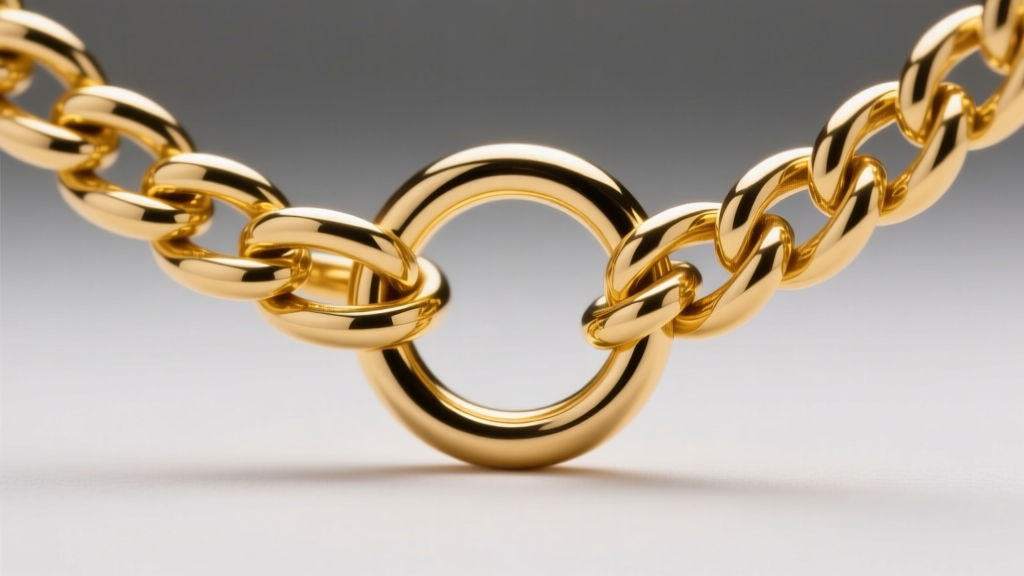 Macro shot of a 4mm 14k yellow gold wheat chain threading through a heavy men