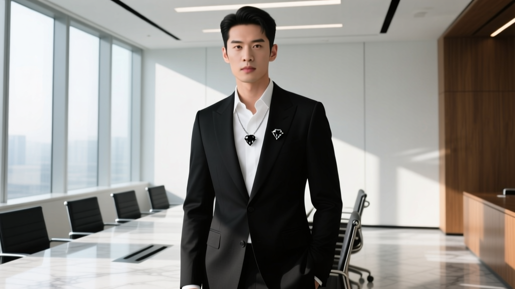 Man in dark suit wearing a 1-carat black diamond solitaire on a 2mm platinum chain in a modern sunlit boardroom.