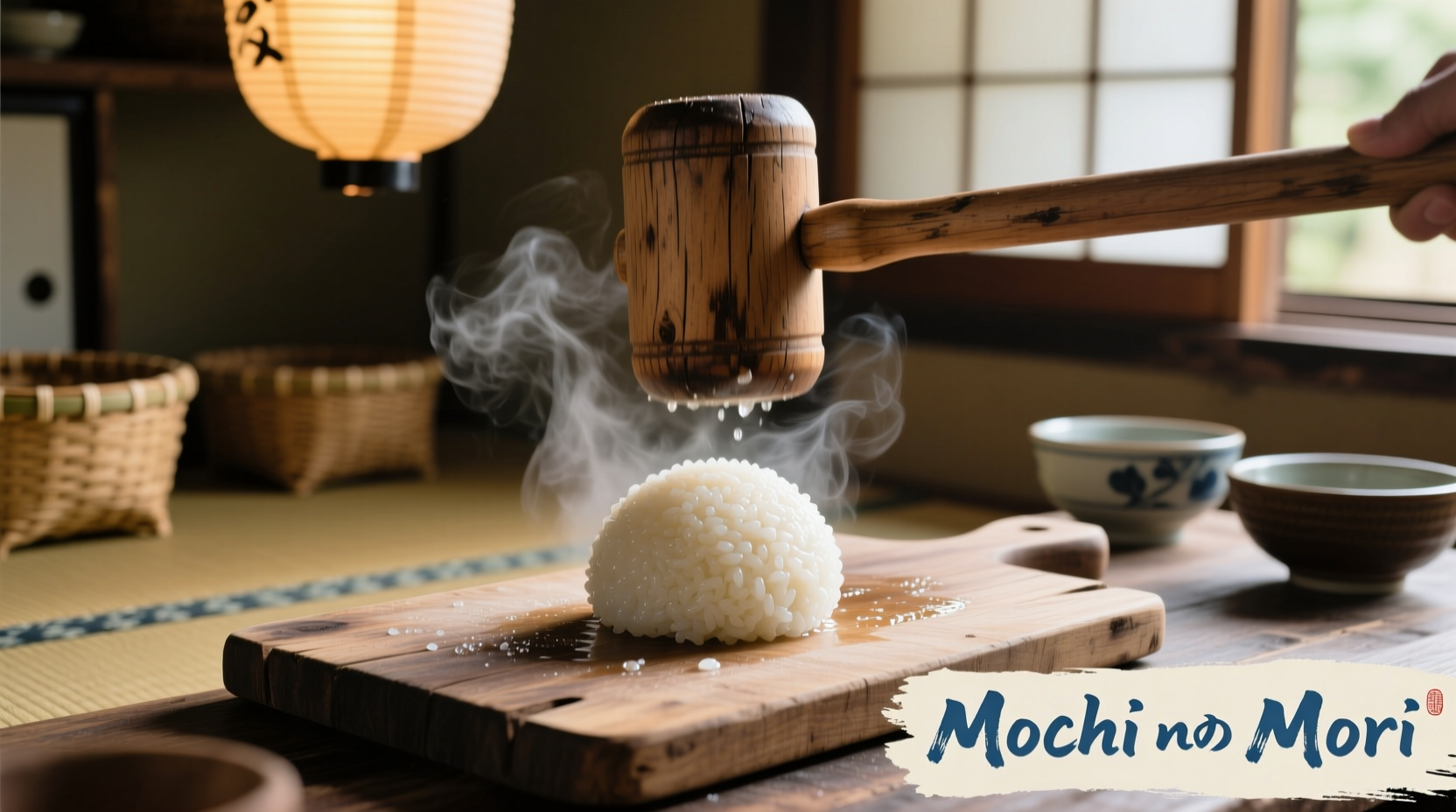 Freshly made mochi with traditional wooden mallet