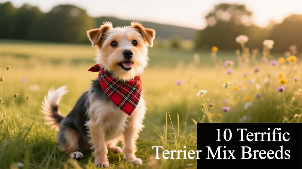 A small terrier mix wearing a red tartan neckerchief, sitting happily in a sunlit grassy field