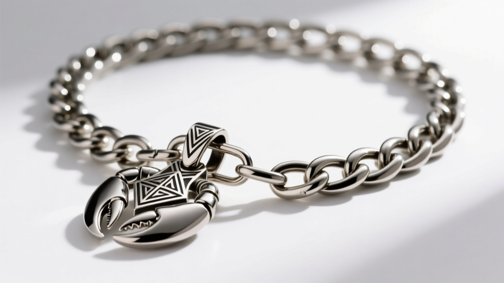Heavy-duty 15mm stainless steel lobster clasp attached to a thick Cuban link chain supporting a large metal statement pendant.