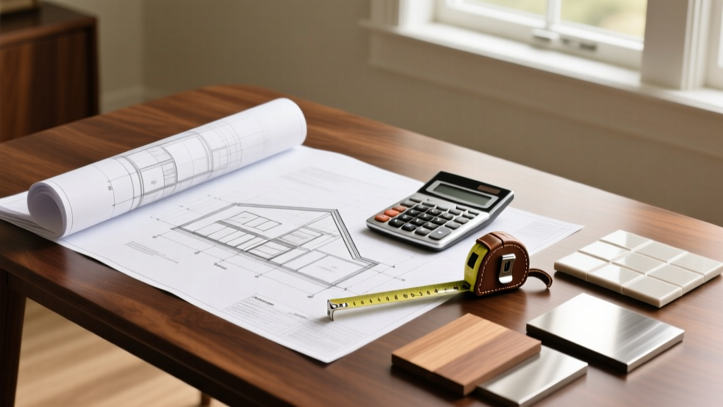 Architectural blueprints spread on a wooden table next to a calculator, measuring tape, and material samples for a new residential home build