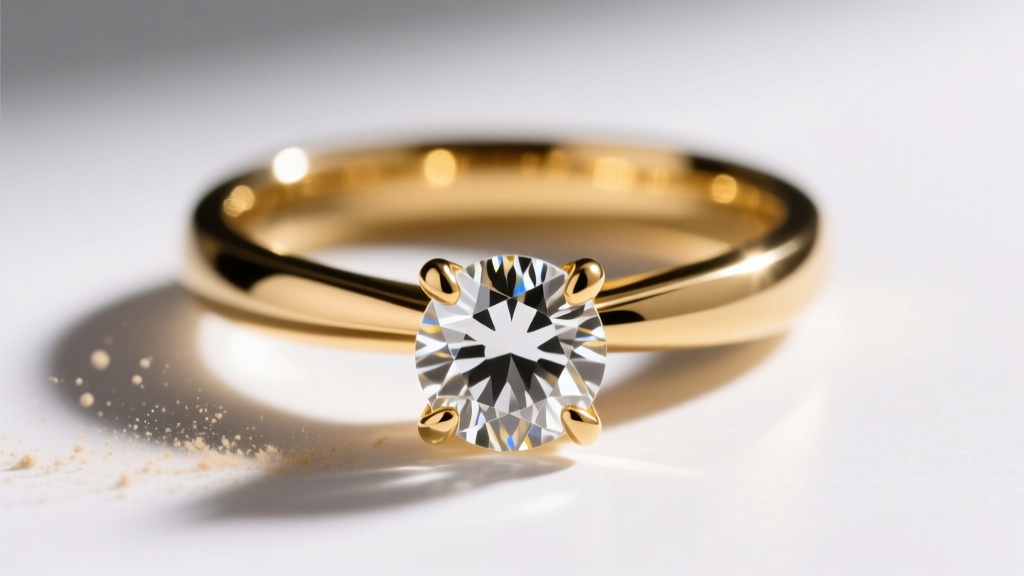 Macro shot of a six-prong 18k gold diamond ring showing dust trapped under the gallery, lit by bright directional LED lighting