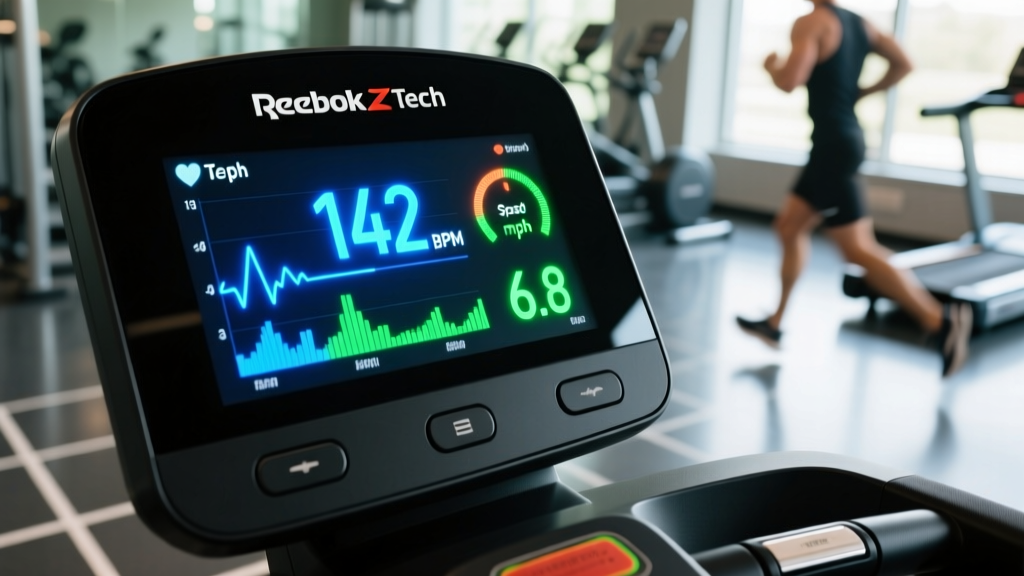 Close up of the Reebok Z Tech treadmill console displaying heart rate metrics and speed settings during a workout