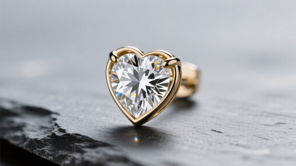 Macro shot of a white gold diamond heart earring on slate, showing the V-prong bottom tip and brilliant facets in soft light