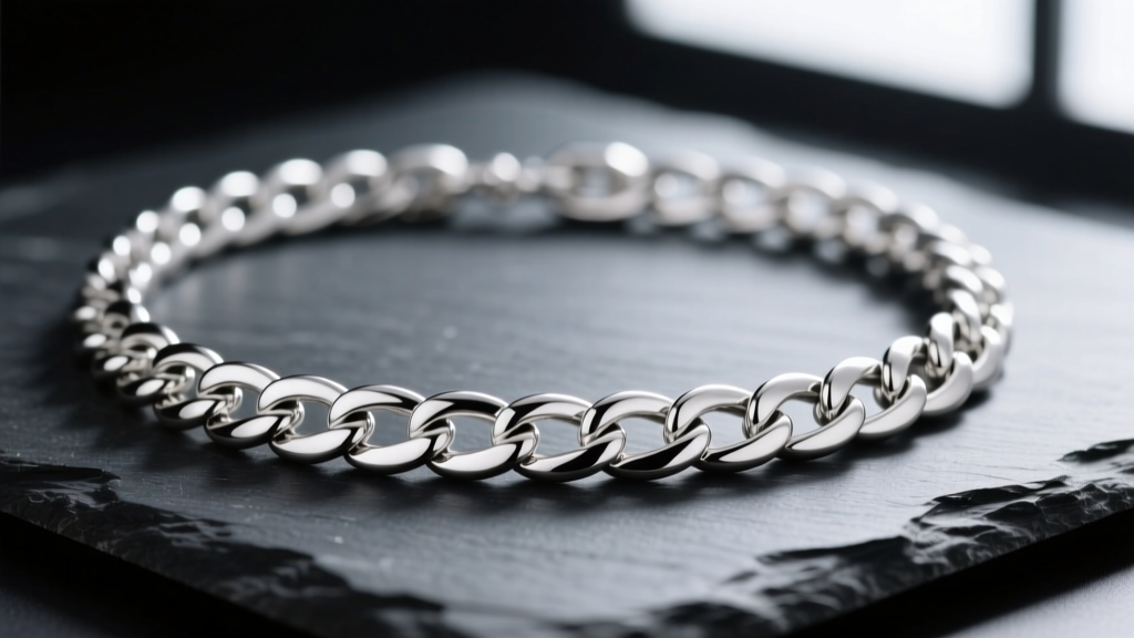 Close-up of a polished .925 sterling silver curb chain link necklace resting on dark slate, highlighting the interlocking flat links.