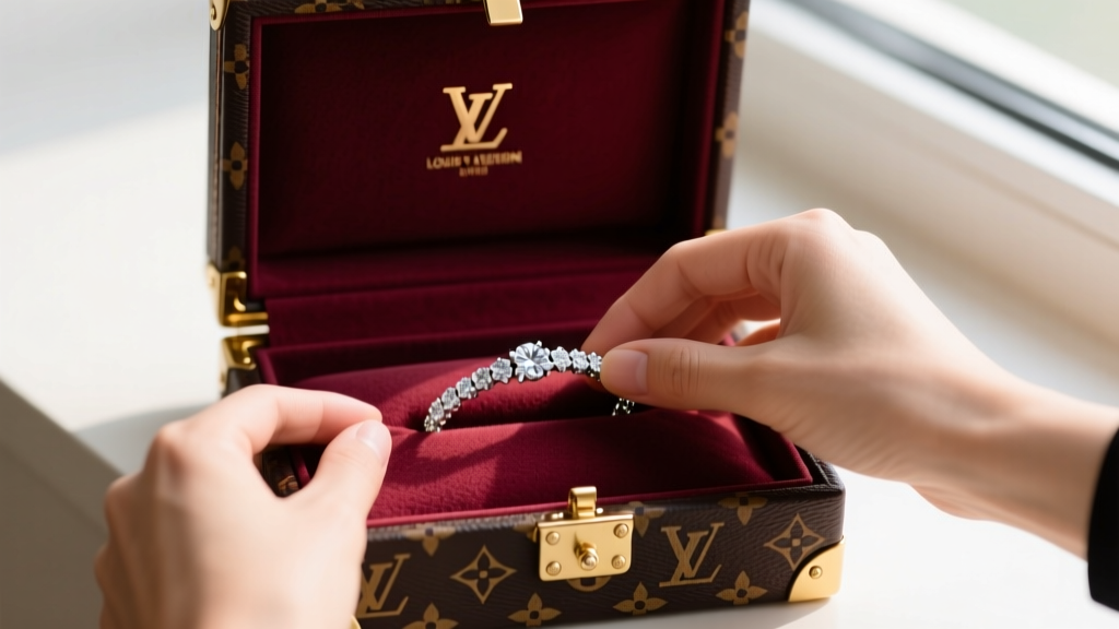 Hands placing a diamond bracelet into the plush microfiber interior of a burgundy Damier Azur Vuitton jewelry organizer box