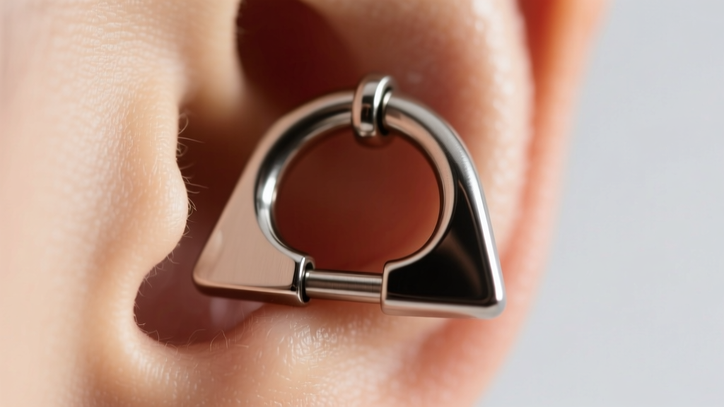 Macro shot of 16-gauge titanium triangular clicker hoop in cartilage piercing, highlighting the seamless hinge and polished edges