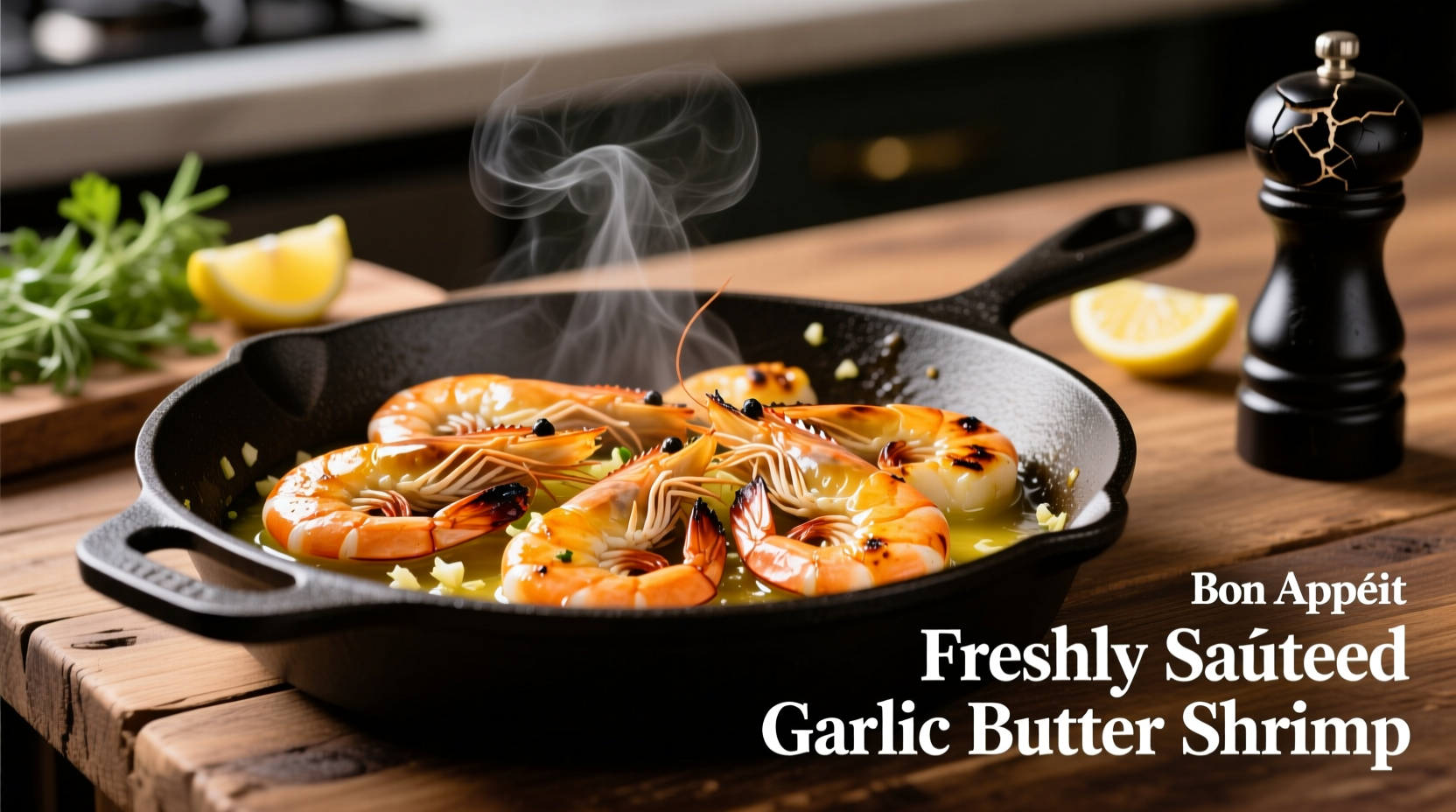 Perfectly cooked garlic buttered shrimp in skillet