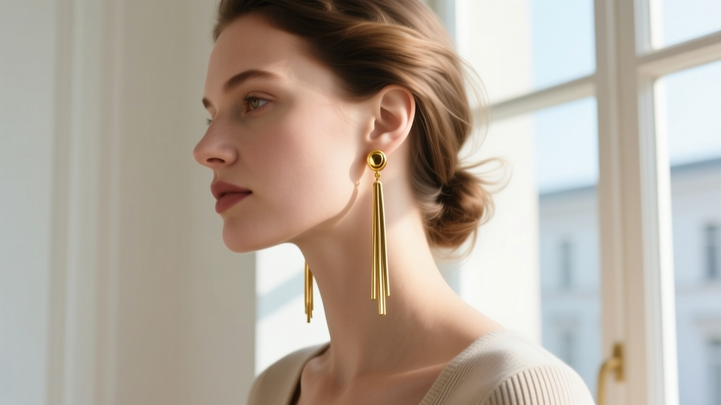 Side profile of a woman with a round face wearing long 14k gold drop earrings to lengthen her jawline in natural daylight.