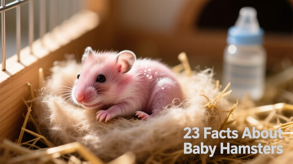 Close-up of a tiny, pink newborn hamster pup nestled in soft nesting material