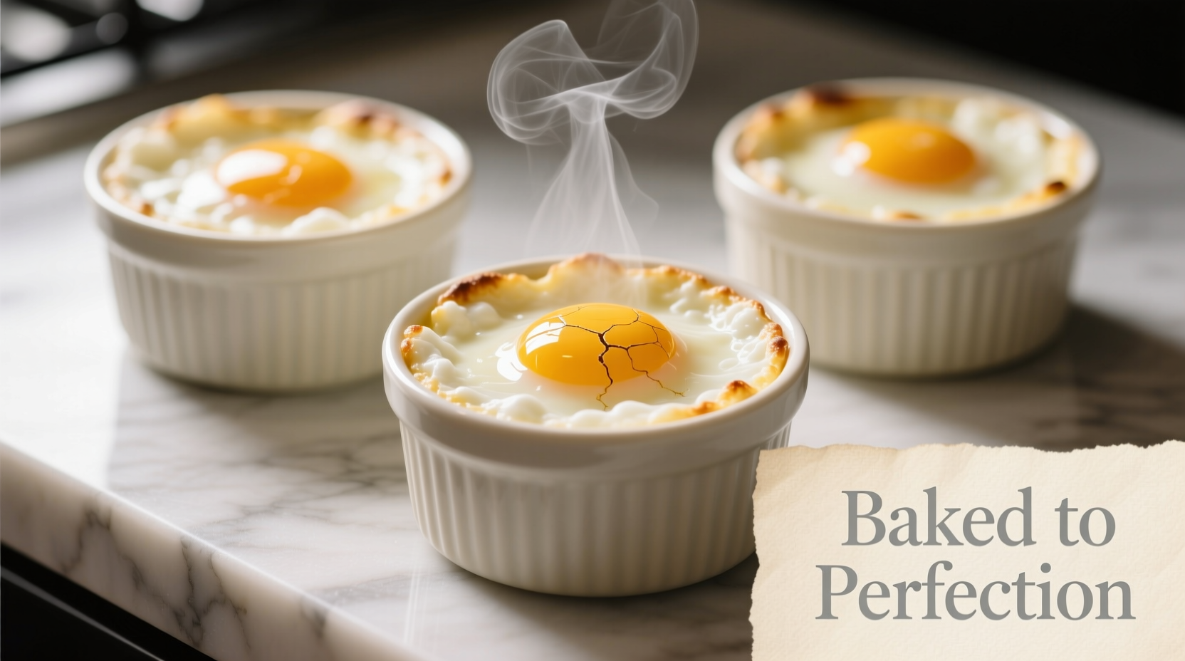 Perfectly centered oven-baked eggs in ceramic ramekins