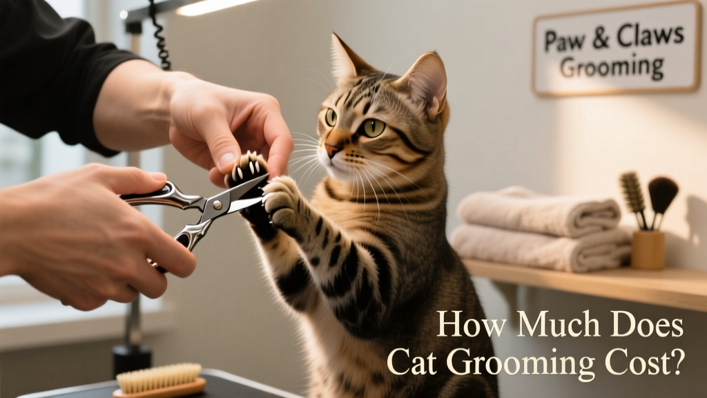 Close-up of a groomer carefully trimming a cat's nails with precision clippers