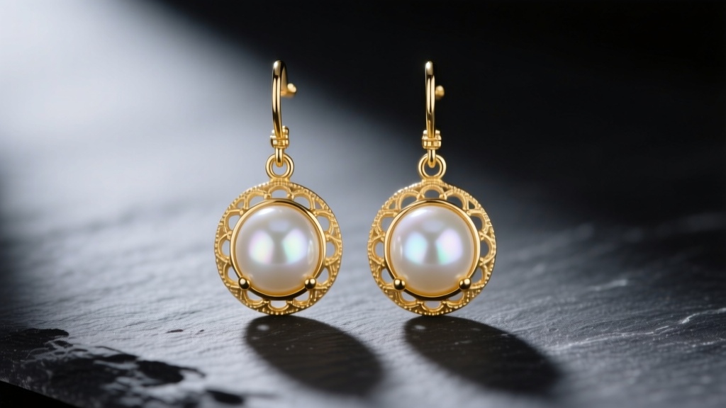 Macro shot of 14k gold drop earrings with luminous white freshwater pearls on dark slate under soft directional studio lighting.