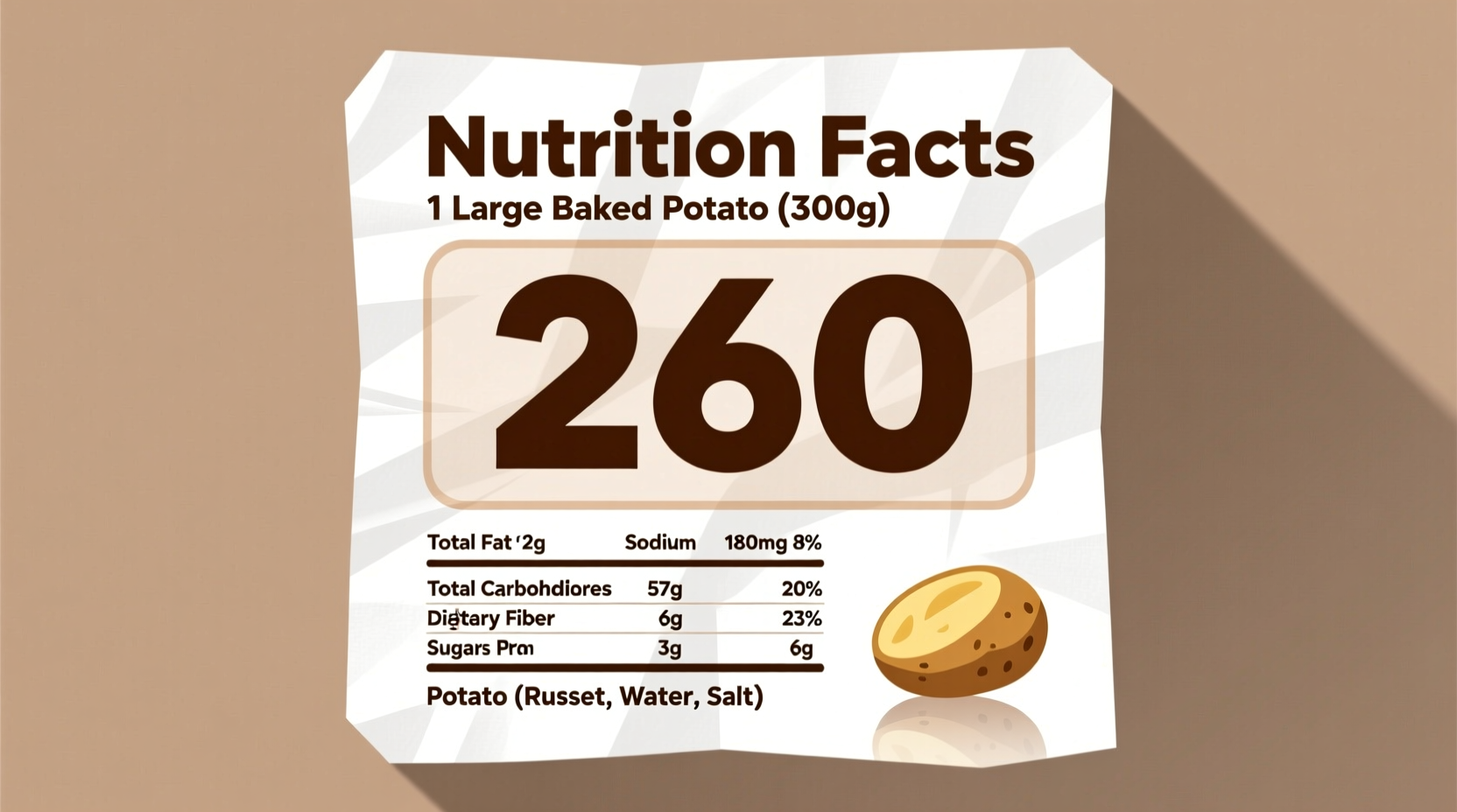 Nutrition facts label showing calories in large baked potato