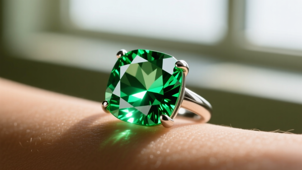 Macro shot of a faceted tsavorite garnet in a platinum bezel, highlighting its neon green hue and brilliance against warm skin.