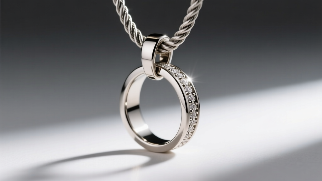 Tungsten band pendant attached to a thick 3mm stainless steel rope chain with a secure lobster clasp, shown in sharp macro